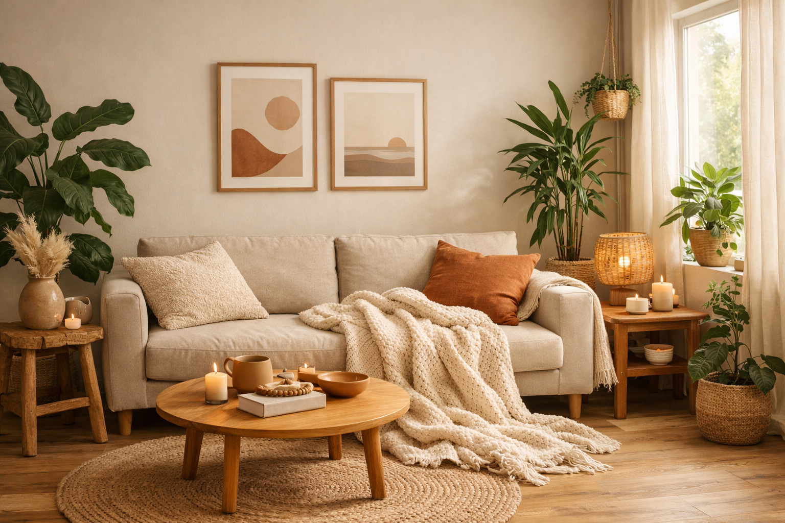 Cozy minimalist living room with warm earthy tones, soft blanket on sofa, green houseplants, natural light, calming wellness atmosphere